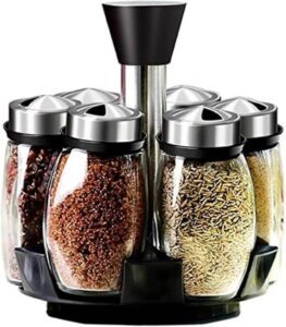 Beauenty 7Pcs-Set Rotating Glass Cruet Condiment Set for Spice Pepper&Salt Shakers Seasoning Box