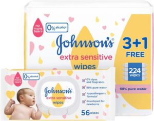 Johnson's Baby Wipes Extra Sensitive 98% pure water 3+1 packs of 56 wipes 224 total count