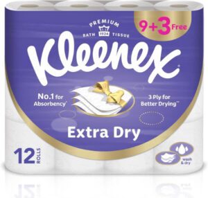 Kleenex Extra Dry Toilet Tissue Paper 3 PLY 12 Rolls x 140 Sheets - افضل مناديل حمام