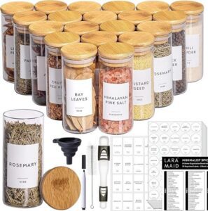 Laramaid 2.5oz 20Packs Glass Jars Set Cylinder Spice Jars with Bamboo Lids and Customized Labels (افضل علب بهارات)