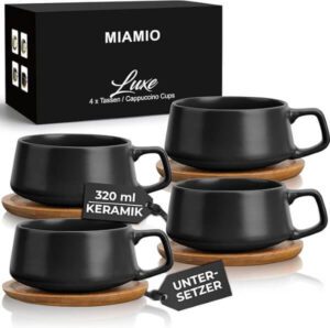 MIAMIO – 320 ml Set of 4 Ceramic Tea Cup and Saucer Bamboo-Tea Mug-Wide Cappuccino Cup