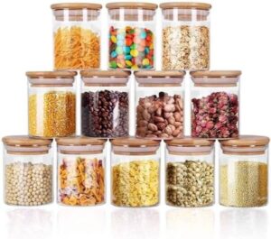 Yibaodan Glass jars set 8oz 12 set spice jars with bamboo airtight lids and labels (افضل علب بهارات)